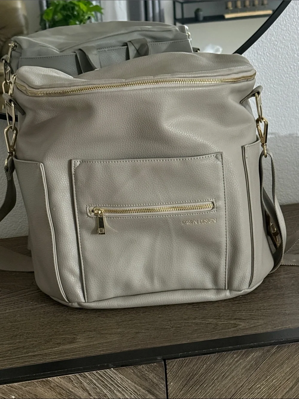 Fawn Design Light Gray Convertible Baby Bag Backpack with Gold Hardware